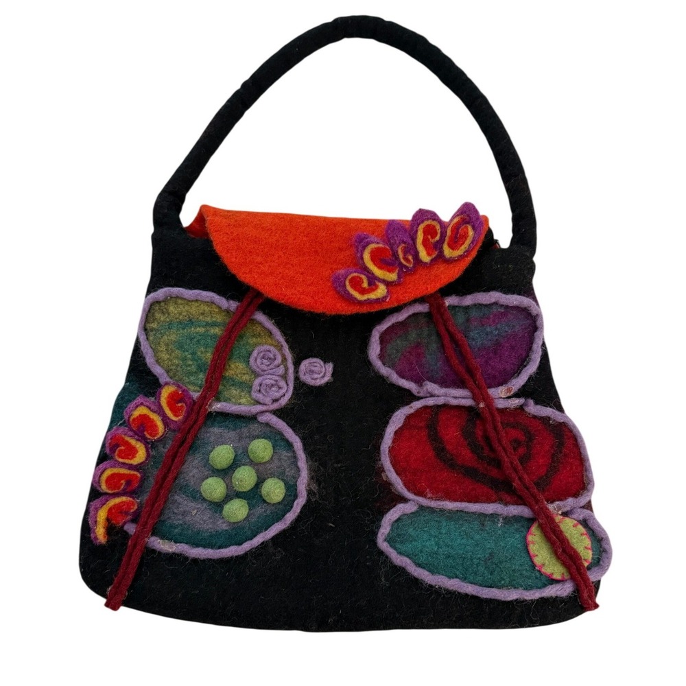 Boiled Wool Handbag Black Orange Vintage Felted Made in Nepal Boho Retro Hippie